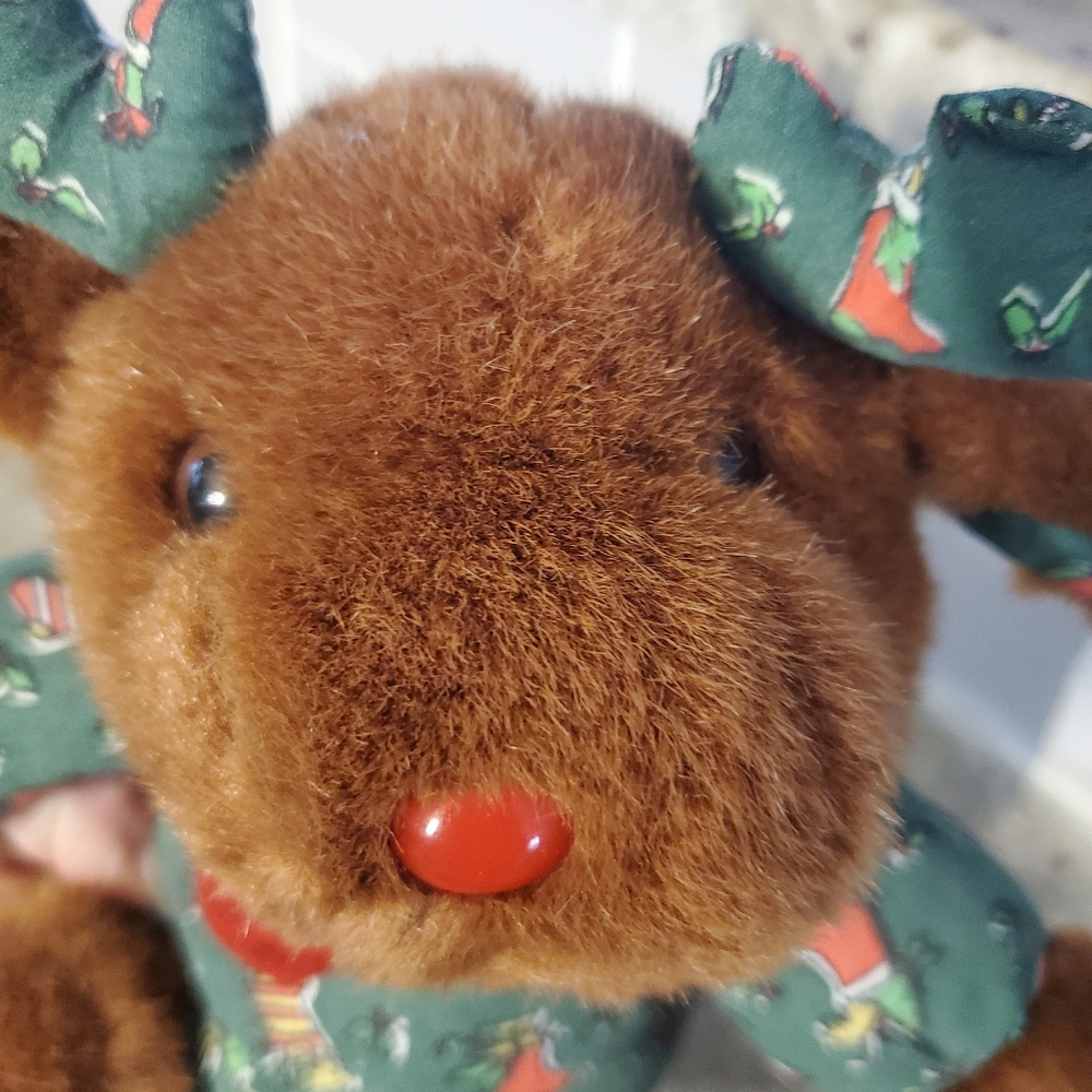 Vintage 11" Christmas Reindeer Plush Stuffed Animal Green and Red - Picture 3 of 6